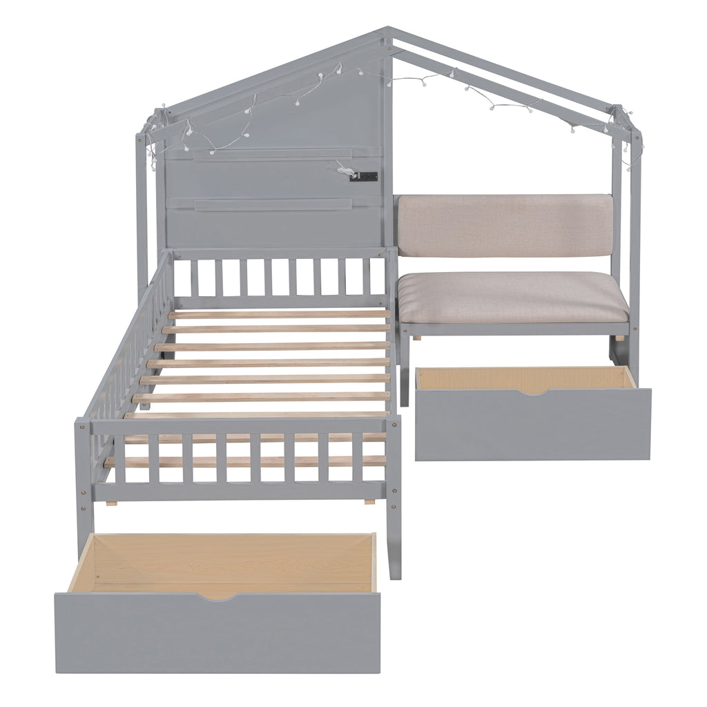 Twin Size House Bed with Upholstered Sofa, Charging Station, Shelves and Two Drawers, Gray E6437