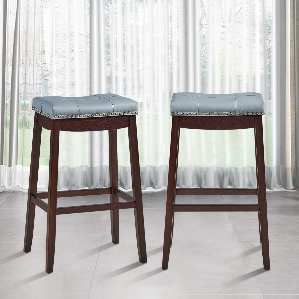 Set of 2 Solid Wood Legs Bar Stools with Gray PU Cushion H69436