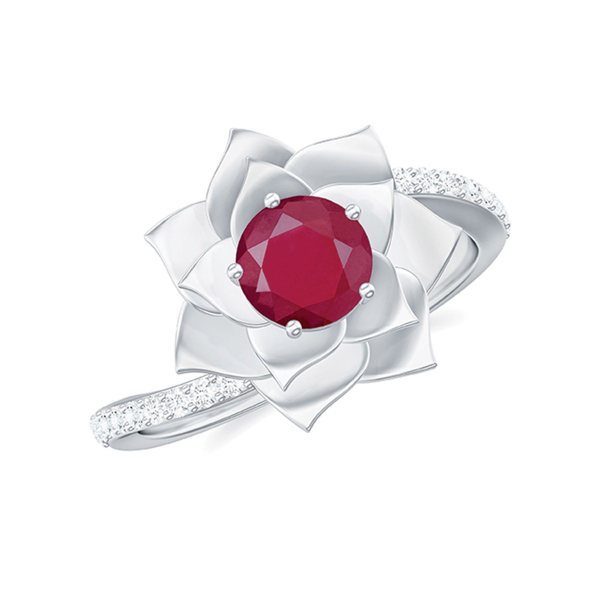 Natural Ruby Rose Floral Ring with Diamond - 1 CT, 925 Sterling Silver, US 4.00 P82186