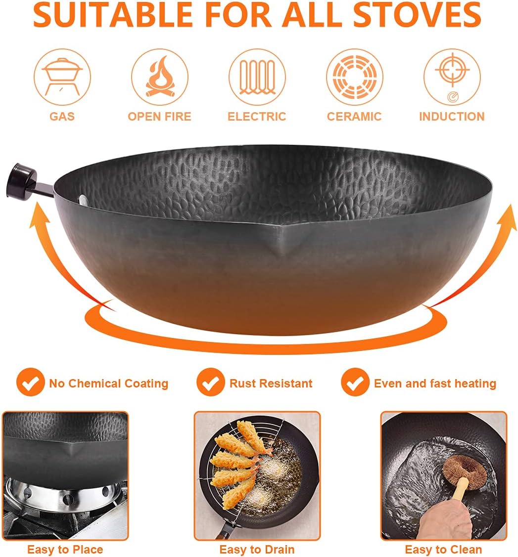 13 PCS Carbon Steel Wok Set with Wooden Lid & Utensils L1958