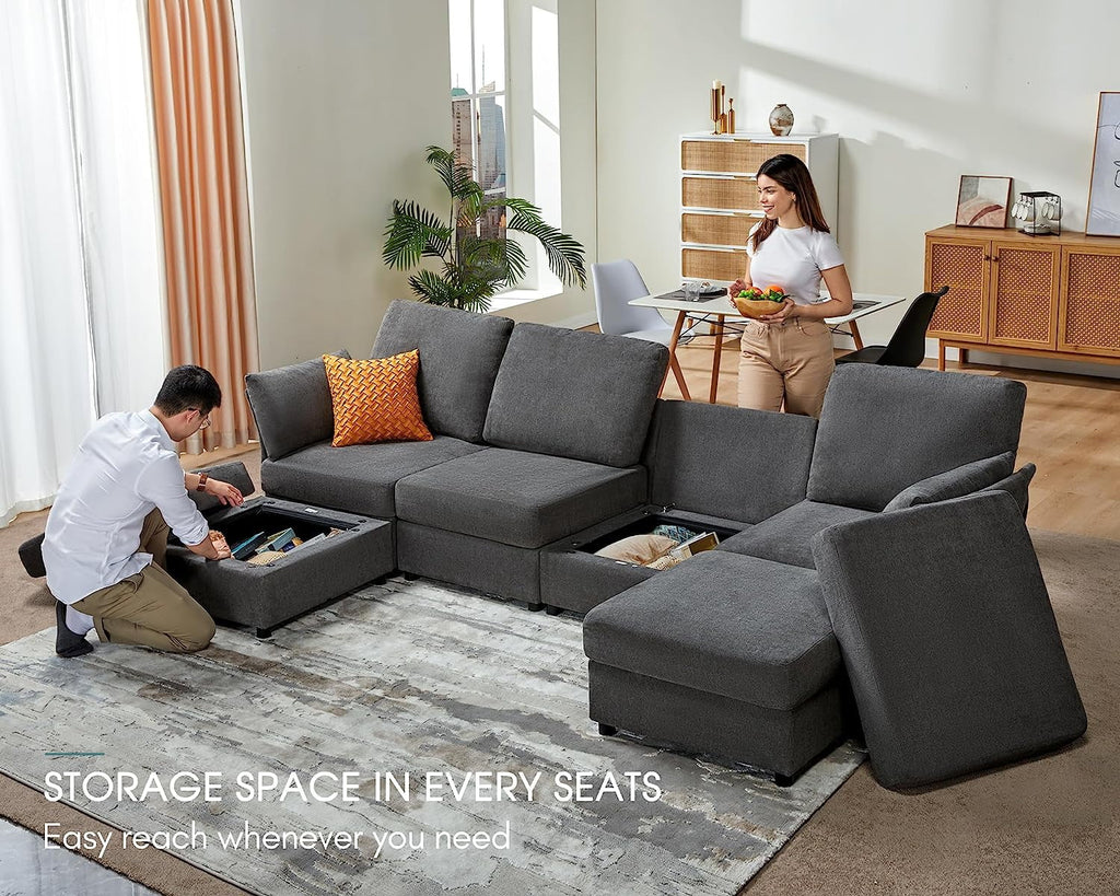 Oversized Chenille Dark Gray Modular Sectional Sofa with Storage and Chaise J59252