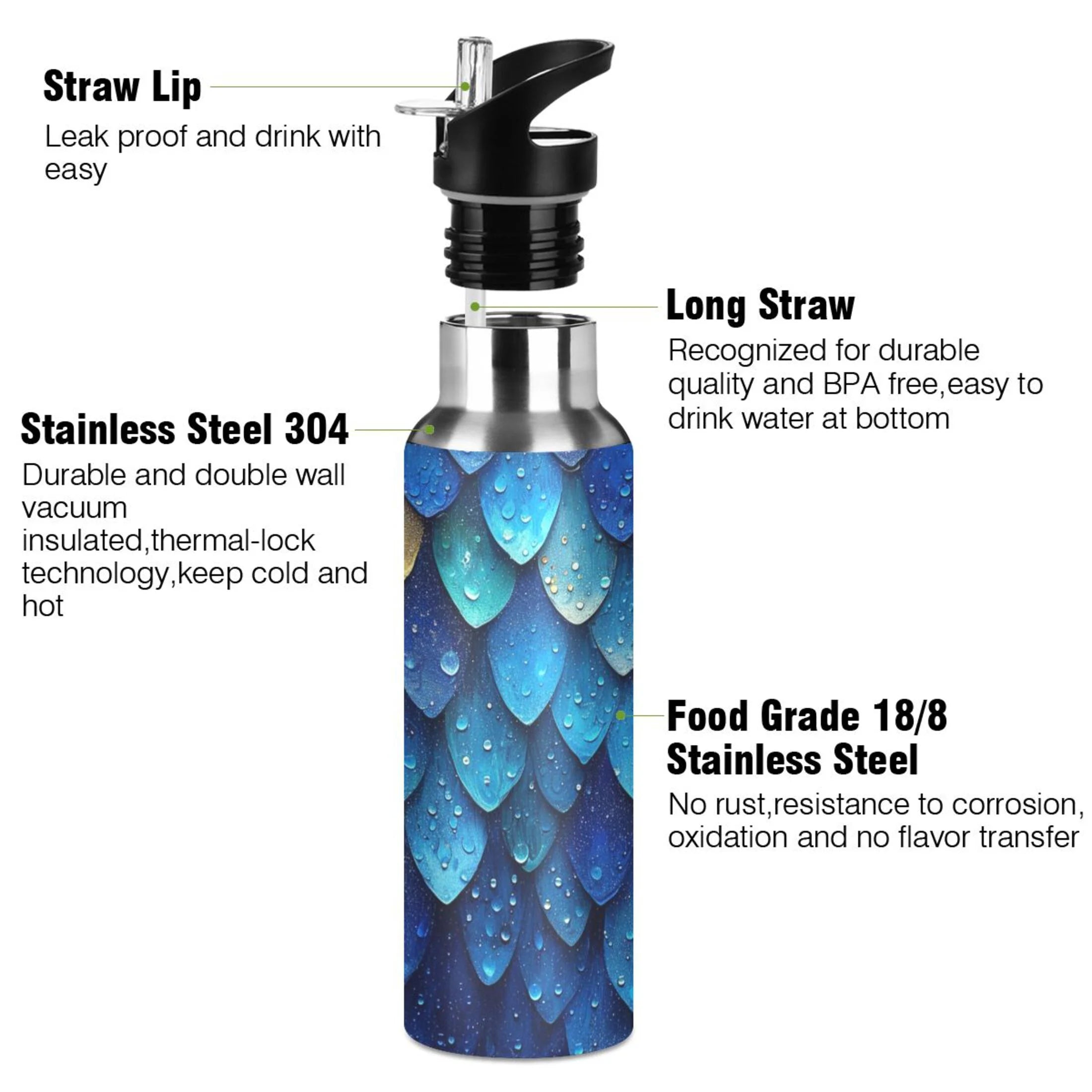 20 oz Insulated Stainless Steel Water Bottle with Straw Lid S4331