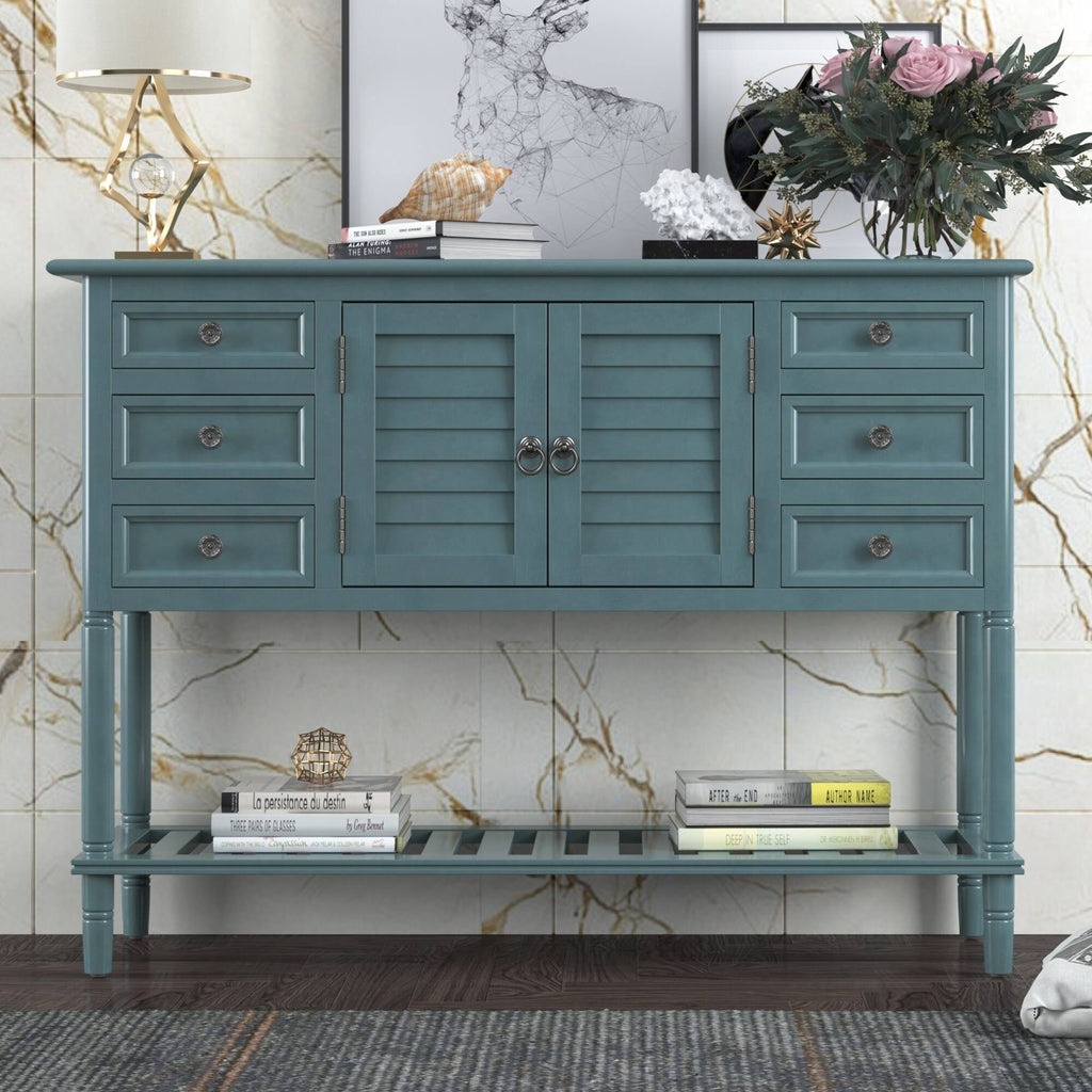 Green Console Table with 6 Drawer 1 Cabinet 1 Shelf T295