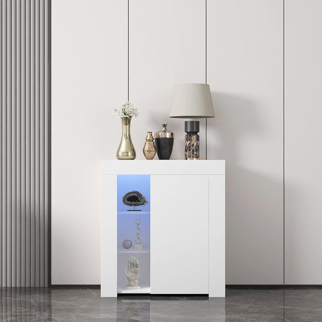 White Single Door LED Buffet Cabinet with 3-Tiers Storage Shelf P18157