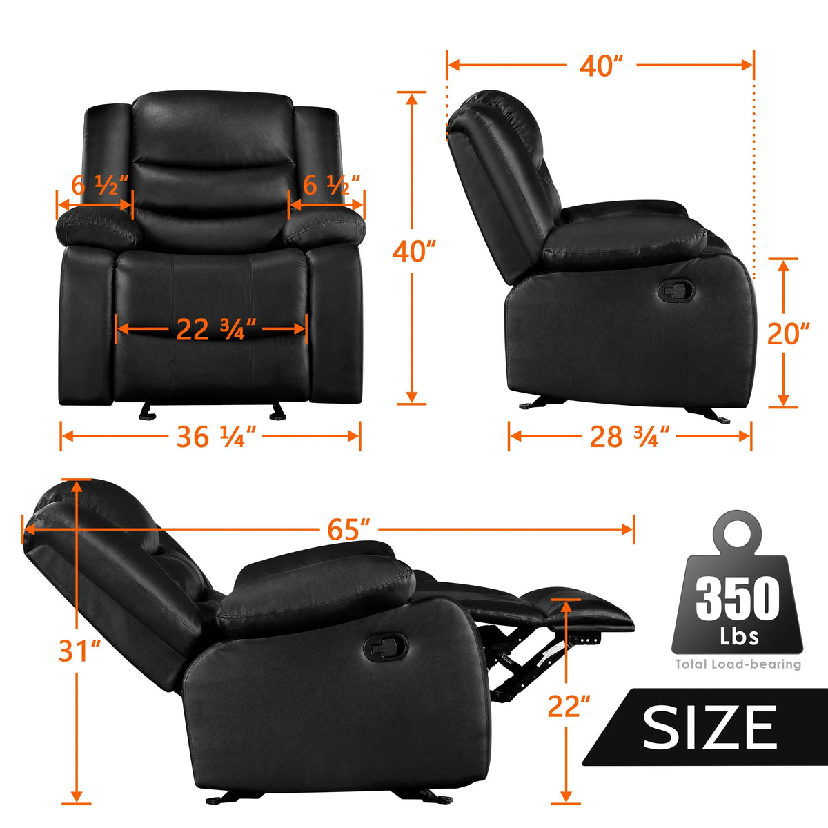 Oversized Faux Leather Manual Rocker Recliner Chair, Black X652