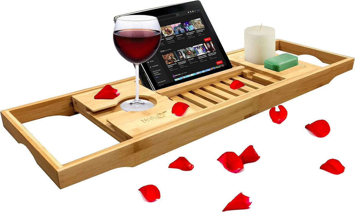 Wooden Bamboo Bathtub Tray with Wine Holder, Pack of 2 Z6953