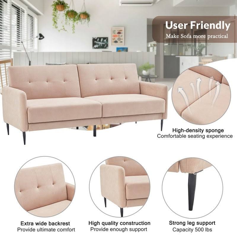Beige Linen Fabric Folding Futon Sofa Bed with Metal Leg Z3048