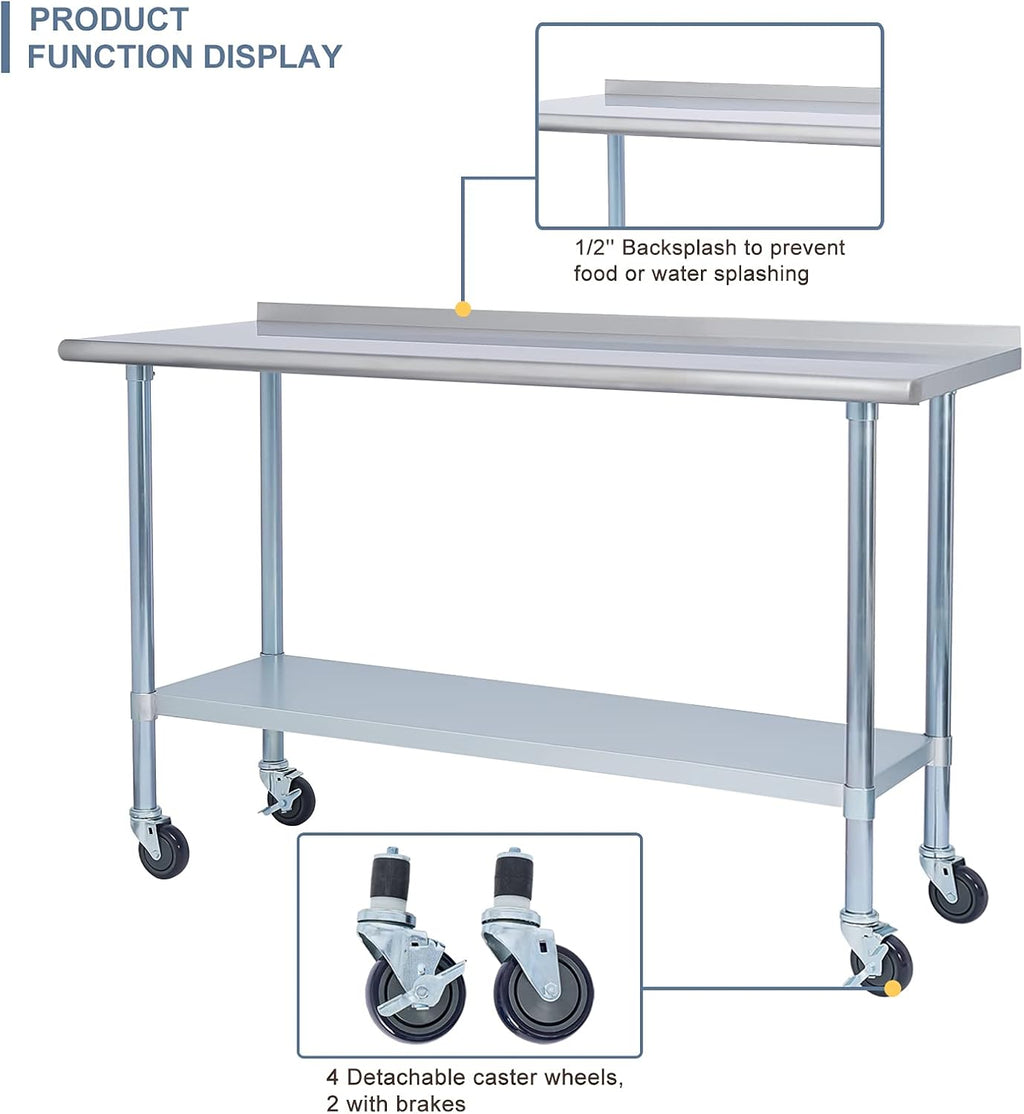 Stainless Steel Metal Work Table with Backsplash, 24 x 60 Inches Z644188