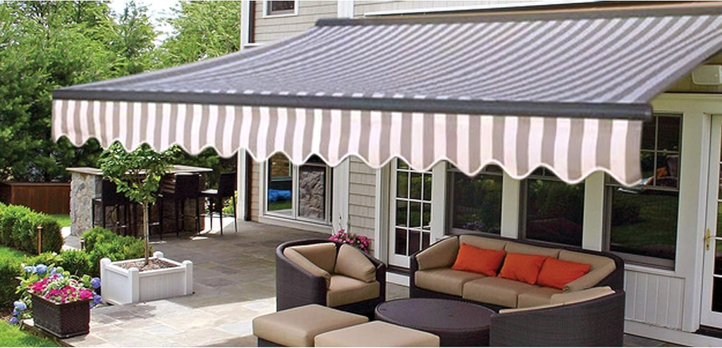 Gray and White Stripes Manual Retractable Patio Awning I970