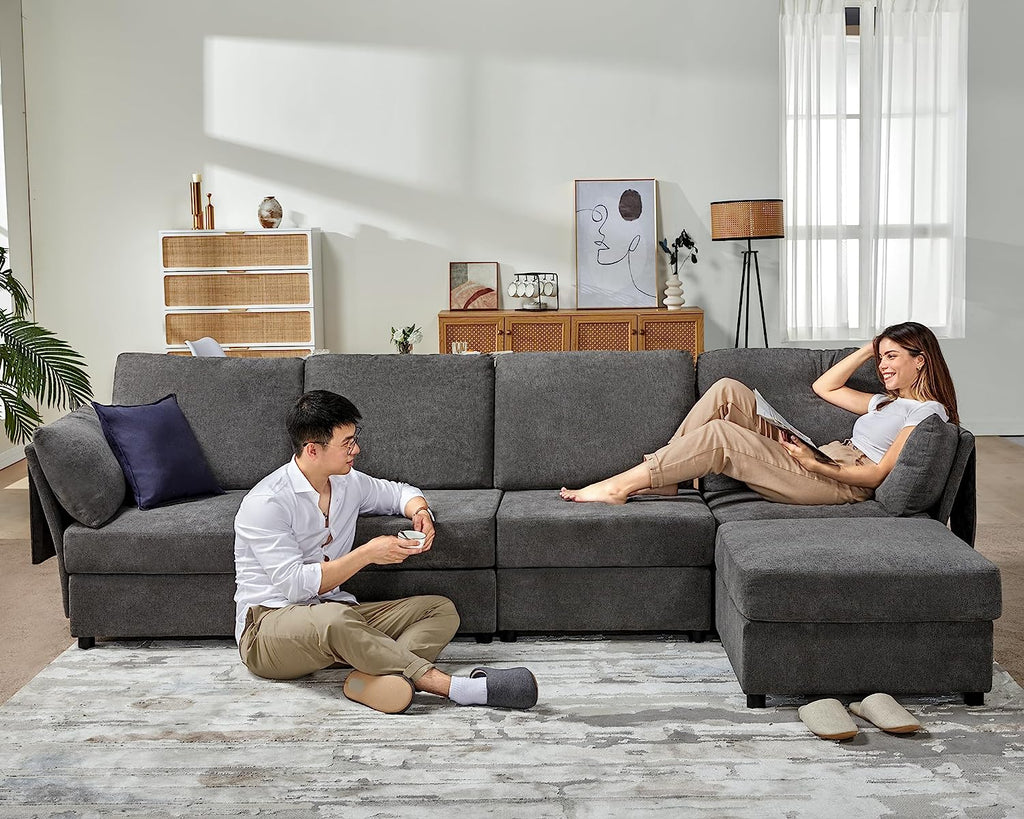 Oversized Chenille Dark Gray Modular Sectional Sofa with Storage and Chaise J59252