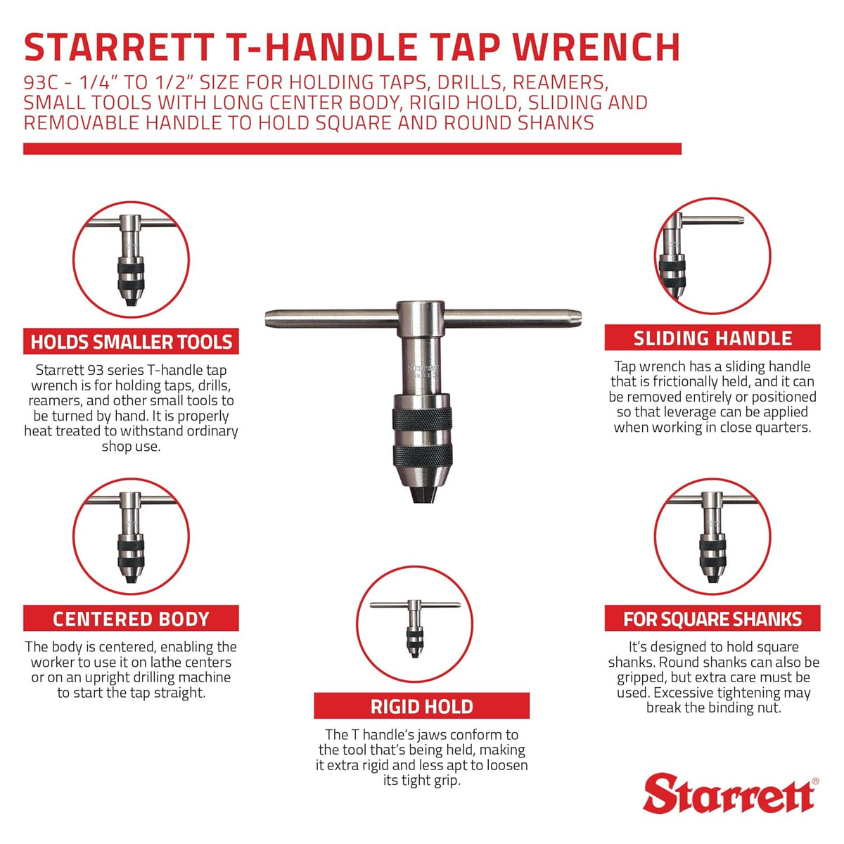 T-Handle Tap Wrench, 1/4" to 1/2", Long Center Body, Sliding and Removable Handle, Pack of 2 K78137
