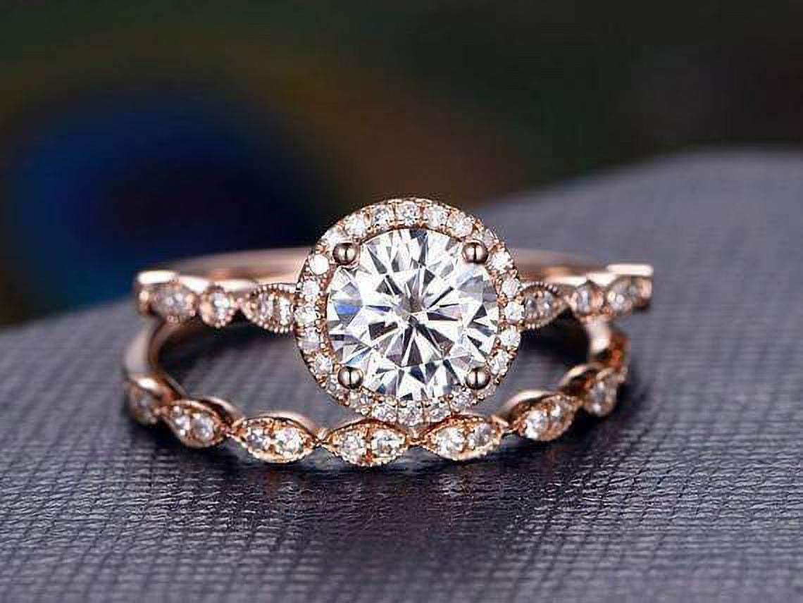 18K Rose Gold Plated Halo Moissanite Wedding Ring Set Q854022