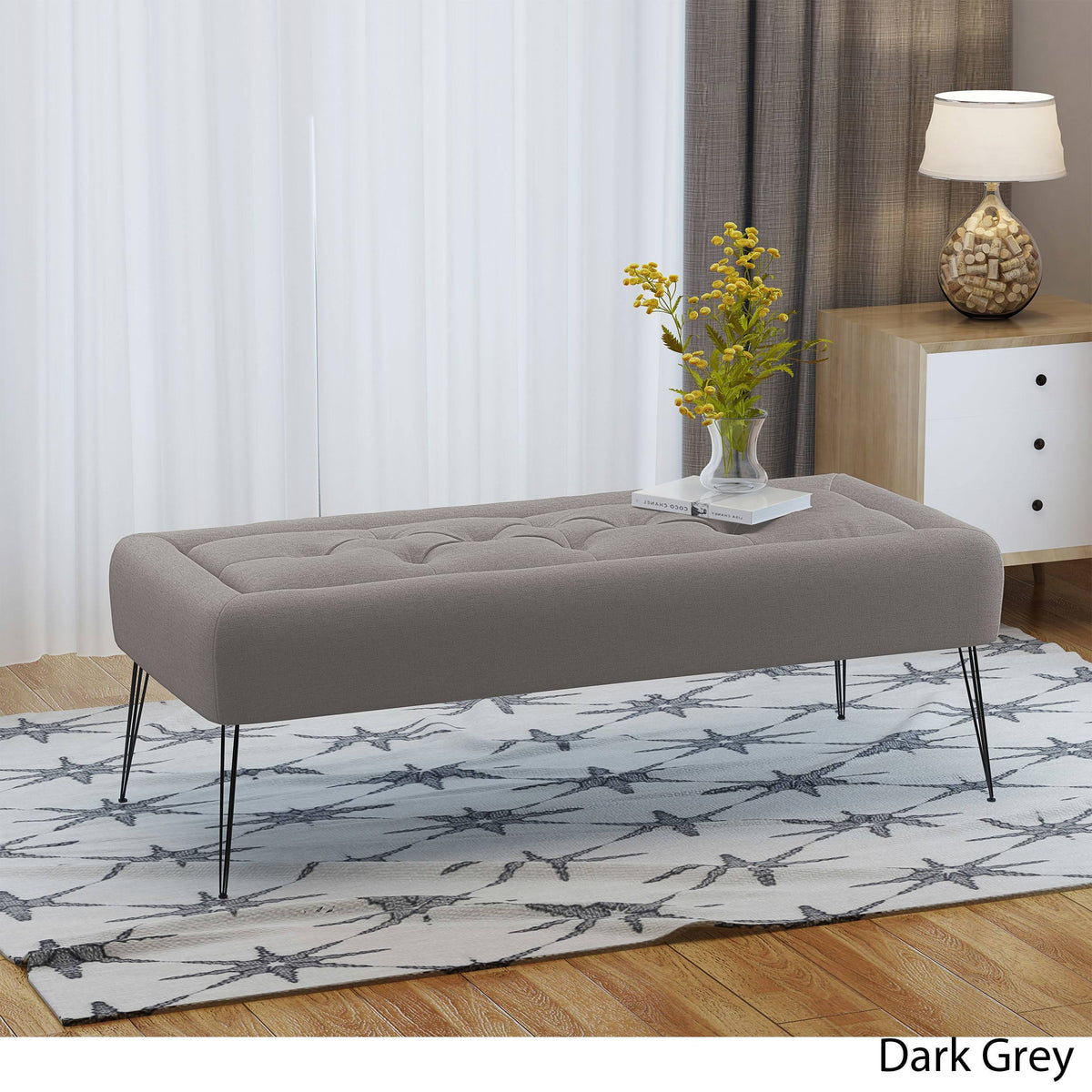 Grey Rectangle Tufted Fabric Ottoman Bench P2179