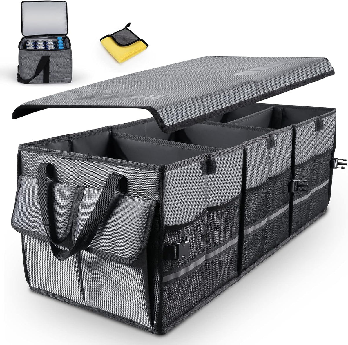 Grey Collapsible Trunk Organizer with Removable Insulated Leakproof Cooler Bag I5847