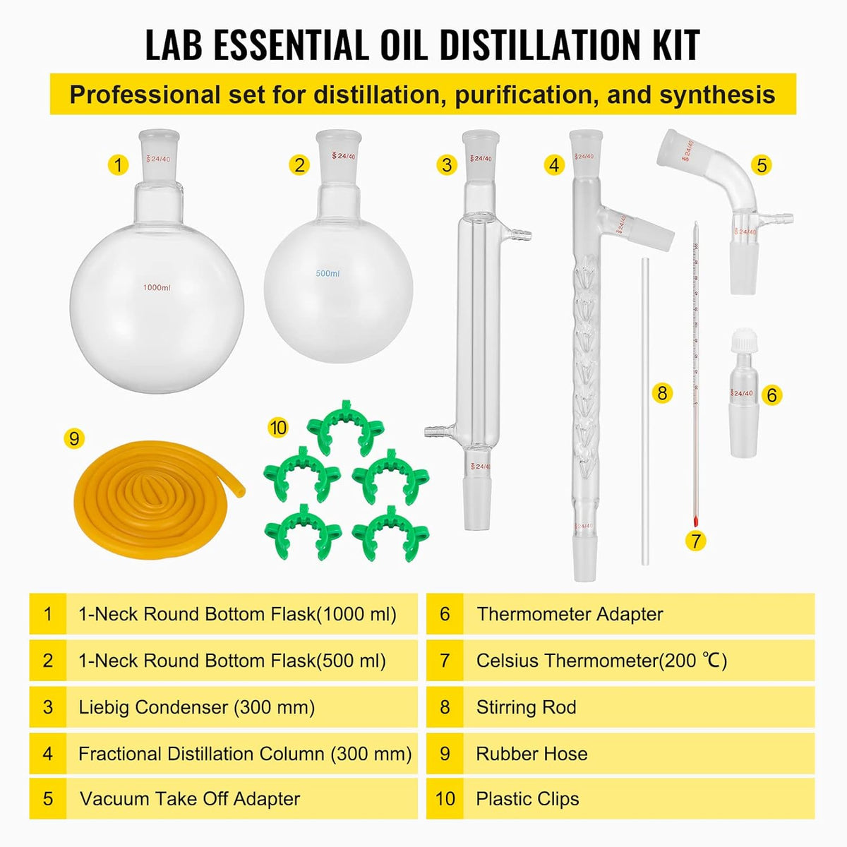 13pcs Borosilicate Glass Distillation Apparatus Kit with 1000ml Round Bottom Flask M965555