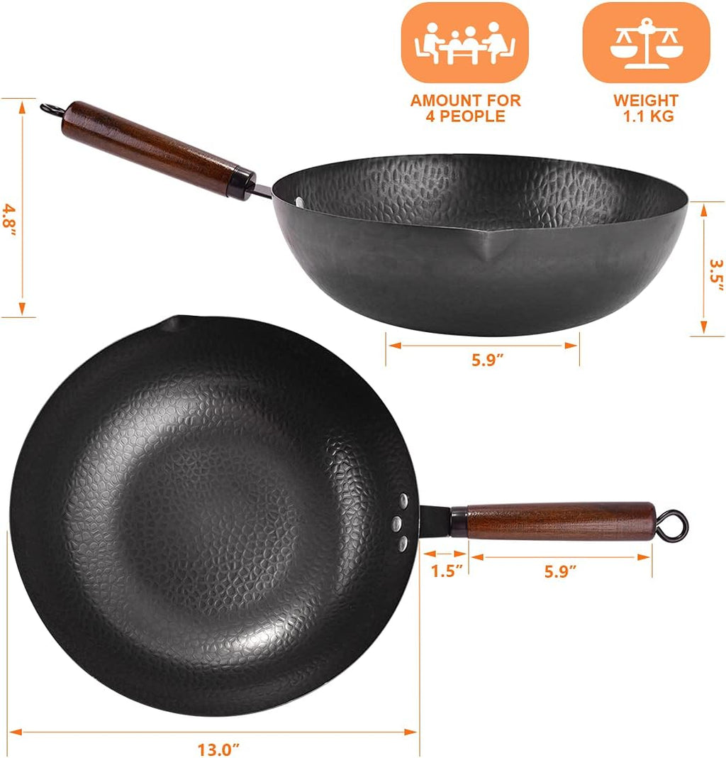 13 PCS Carbon Steel Wok Set with Wooden Lid & Utensils L1958
