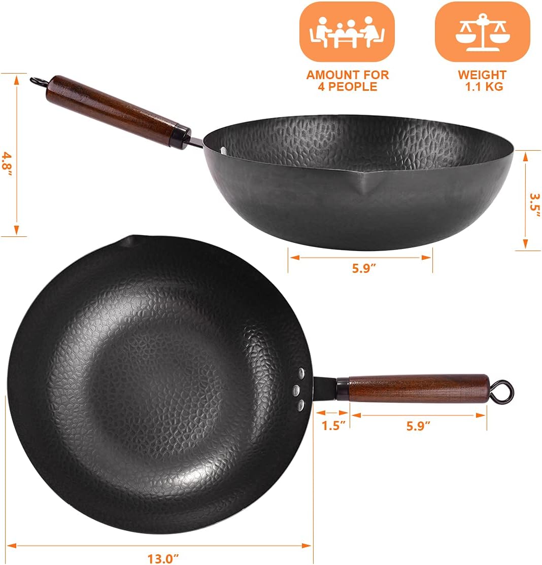 13 PCS Carbon Steel Wok Set with Wooden Lid & Utensils L1958