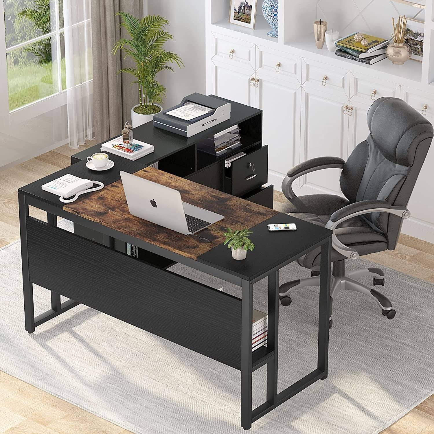Brown Black L Shaped Computer Desk with File Cabinet Storage Z78454
