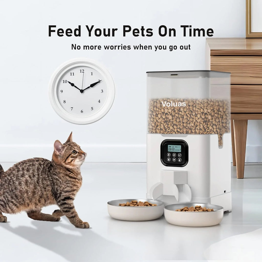 Automatic Cat Feeder with 2 Stainless Steel Bowls, 6L Timed W890