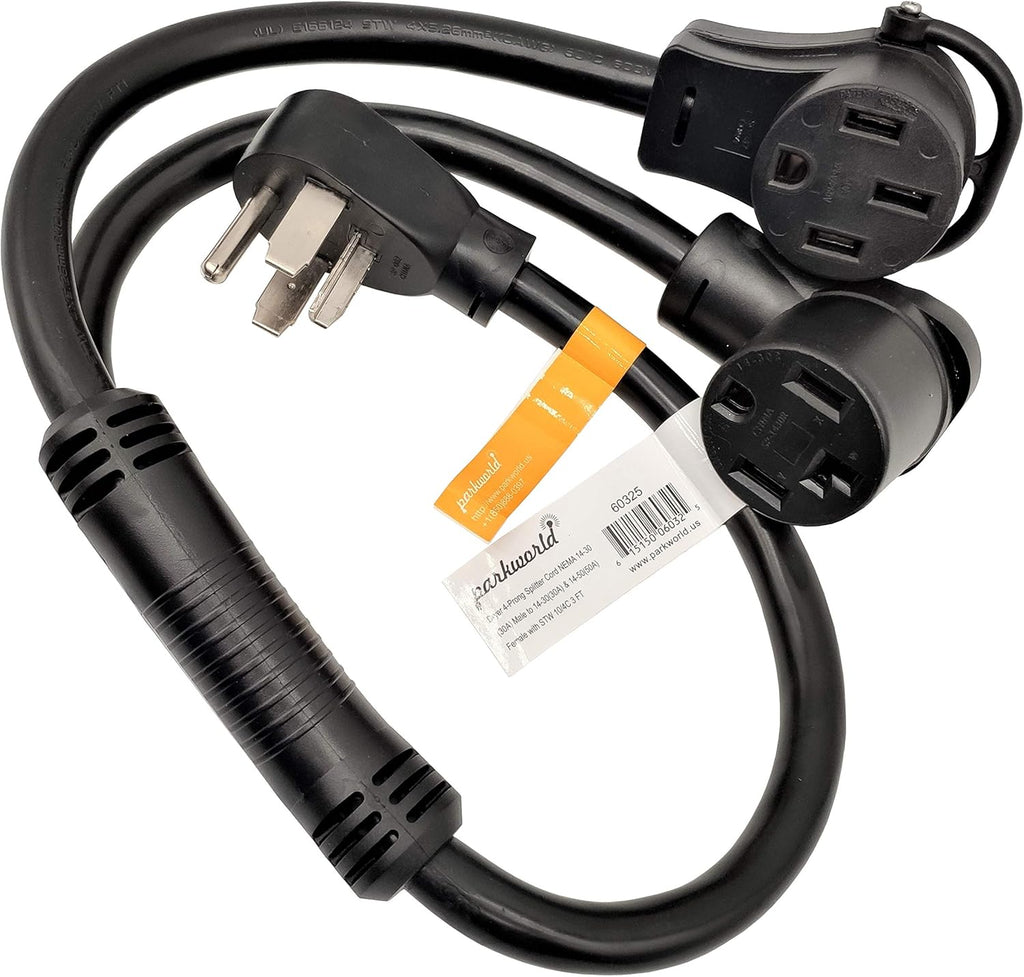 Dryer Splitter NEMA 14-30 Male Plug to 14-30 & RV / EV 14-50 Female Receptacle, 4-Prong 30 AMP Y Adapter Cord (20FT) J48810
