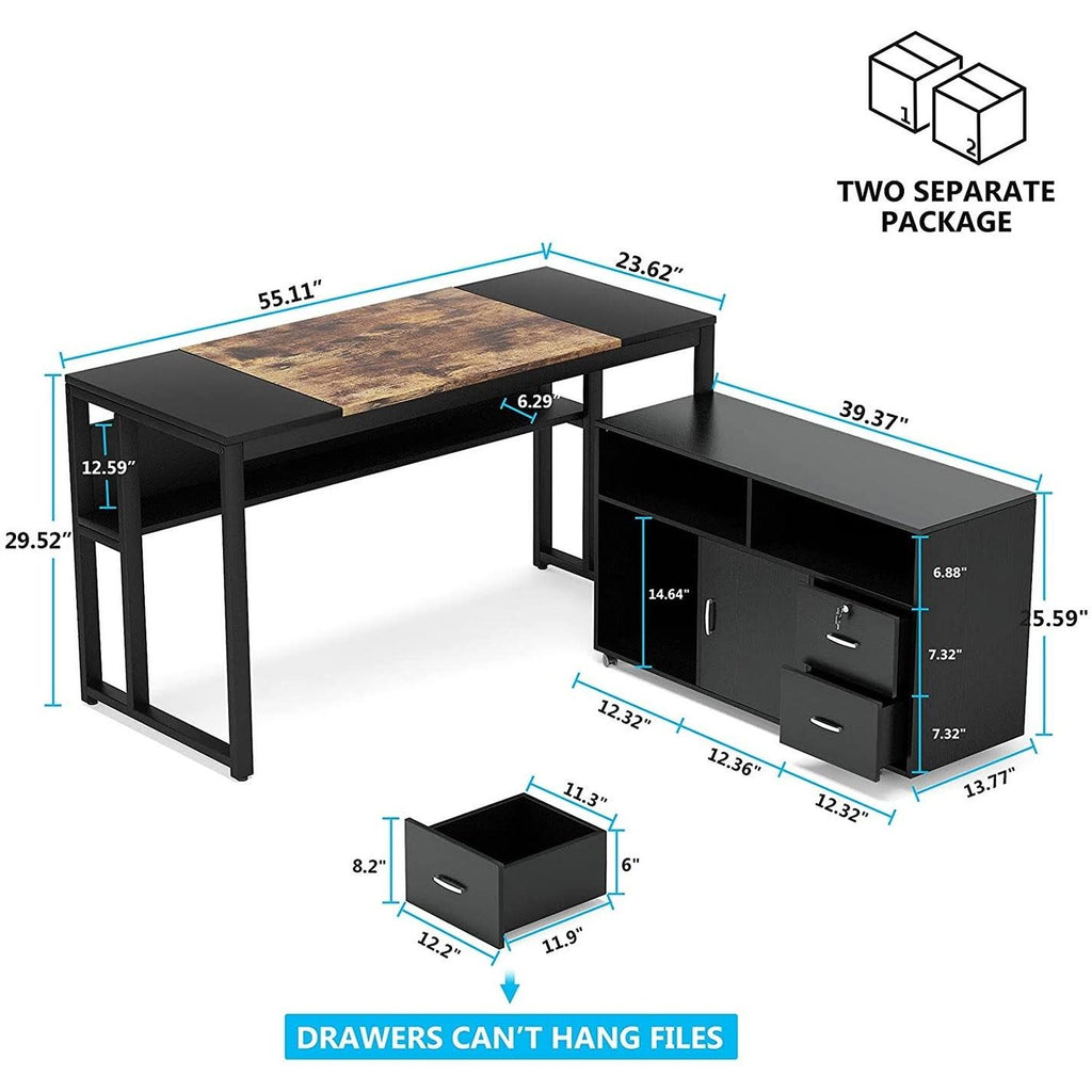 Brown Black L Shaped Computer Desk with File Cabinet Storage Z78454