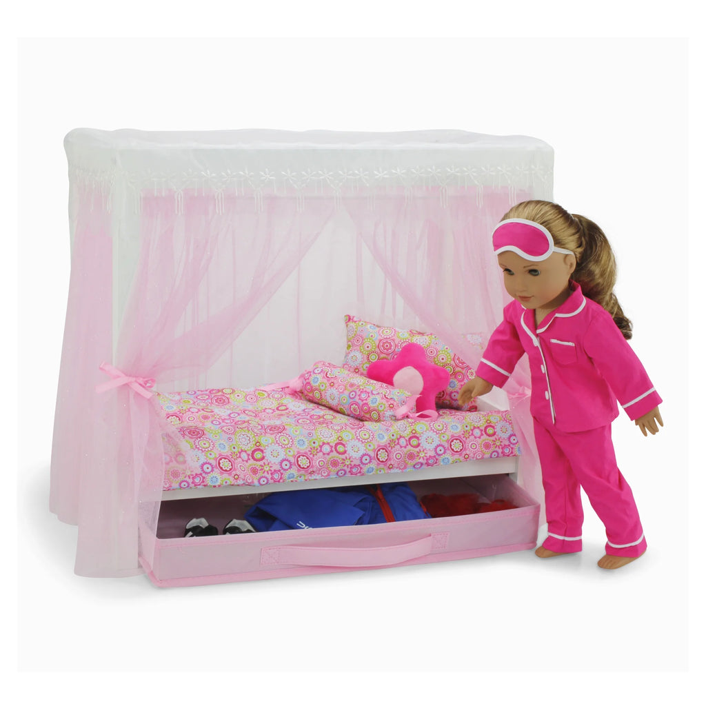 18 Inch Doll Canopy Single Bed with Doll Clothes Storage Drawer and 5 Piece Colorful Bedding Set P452354