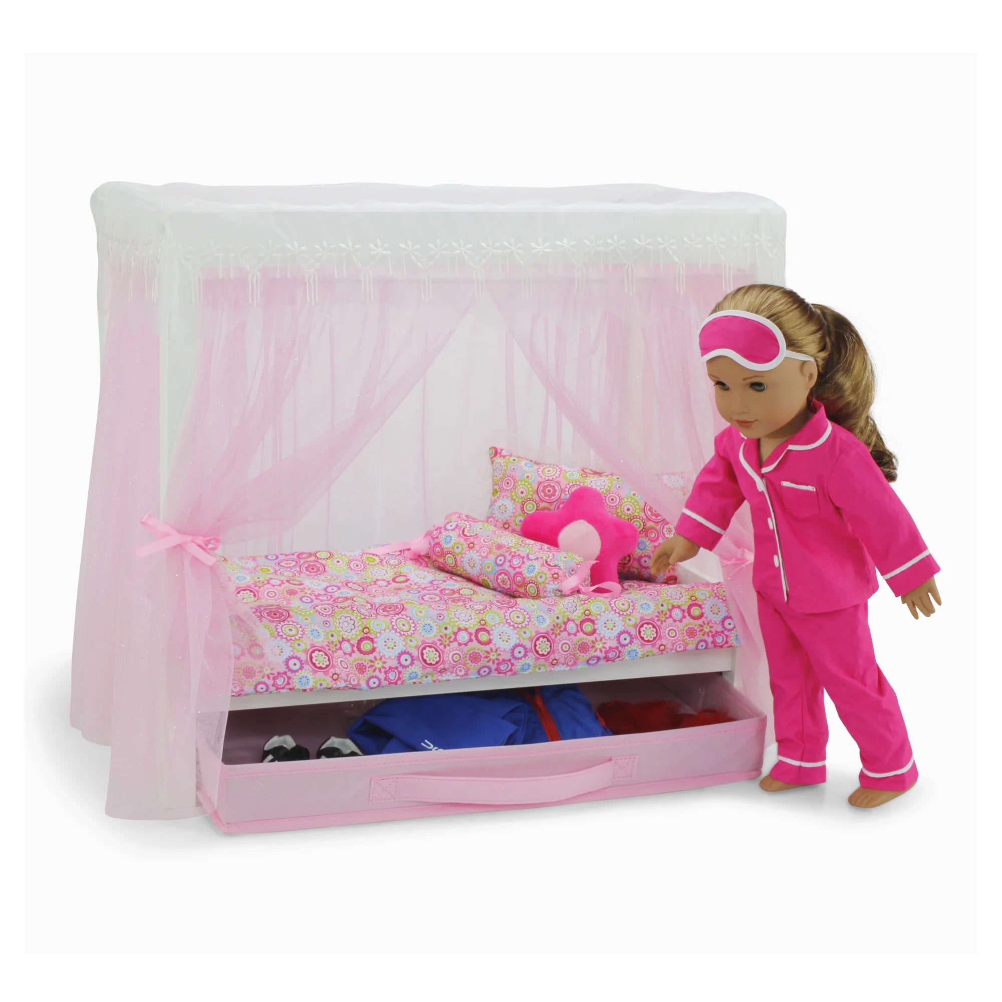18 Inch Doll Canopy Single Bed with Doll Clothes Storage Drawer and 5 Piece Colorful Bedding Set P452354