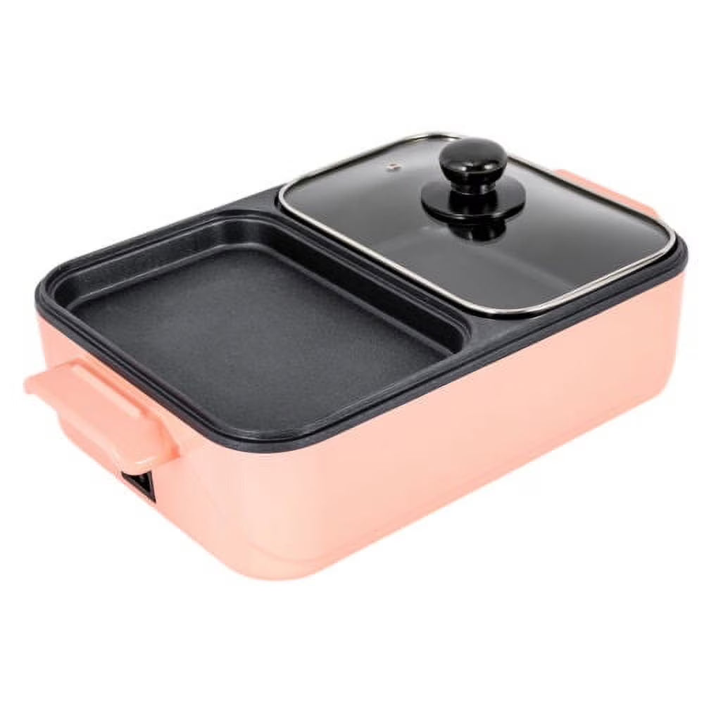 2 in 1 Non-Stick Electric BBQ Grill Hot Pot Griddle Pan Pink X122406