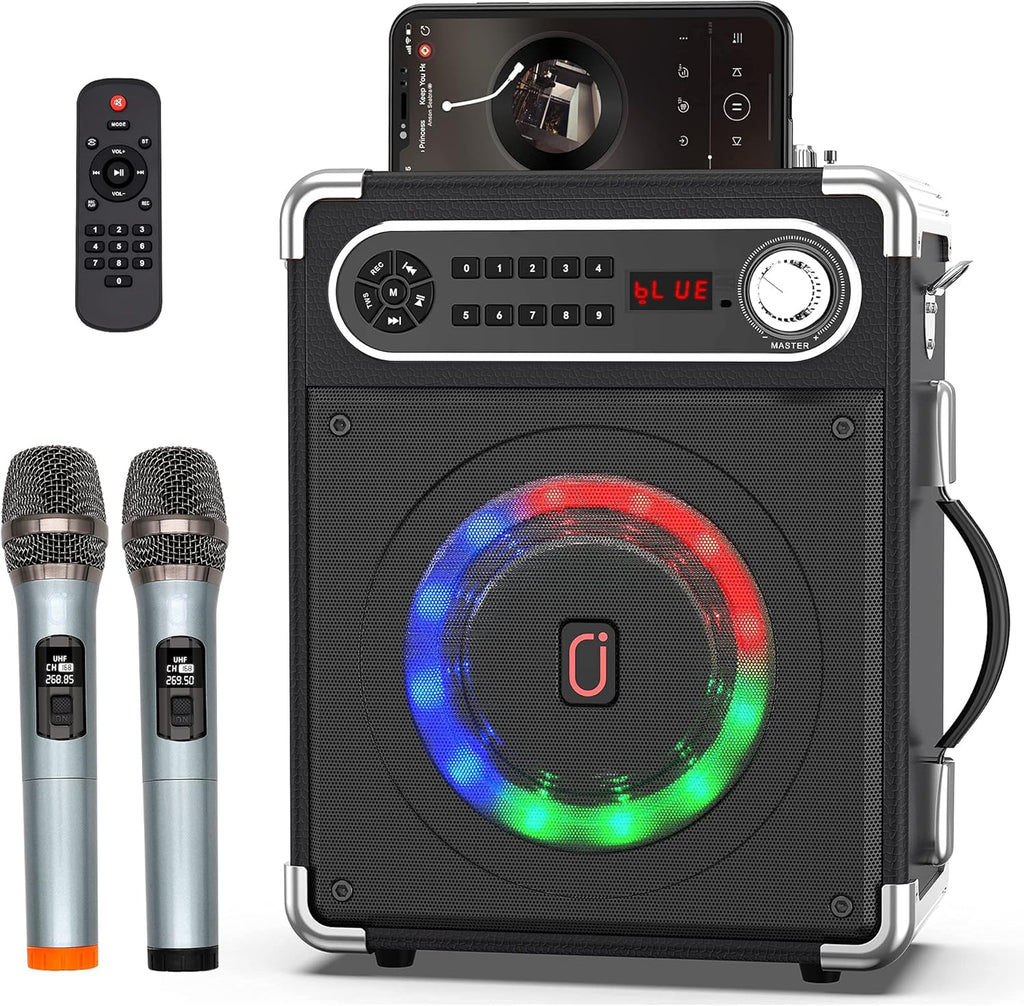 Karaoke Machine with Two Wireless Microphones, Portable Bluetooth Speaker with LED Lights U48492