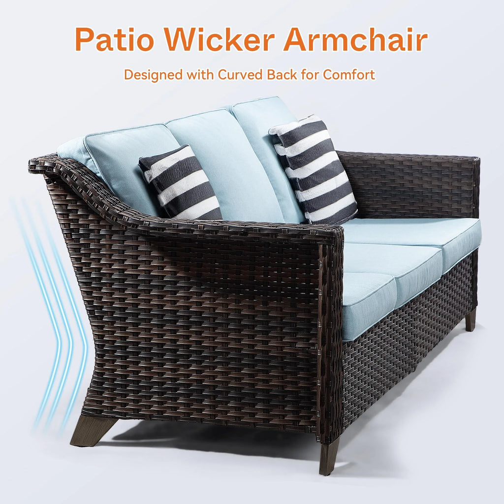 3 Pieces Outdoor Patio Wicker Conversation Set with Cushions, Sky Blue X102223