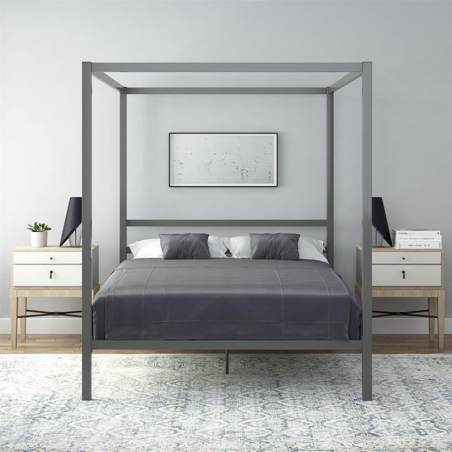 King Size Gray Canopy Bed with Built-in Headboard D391413
