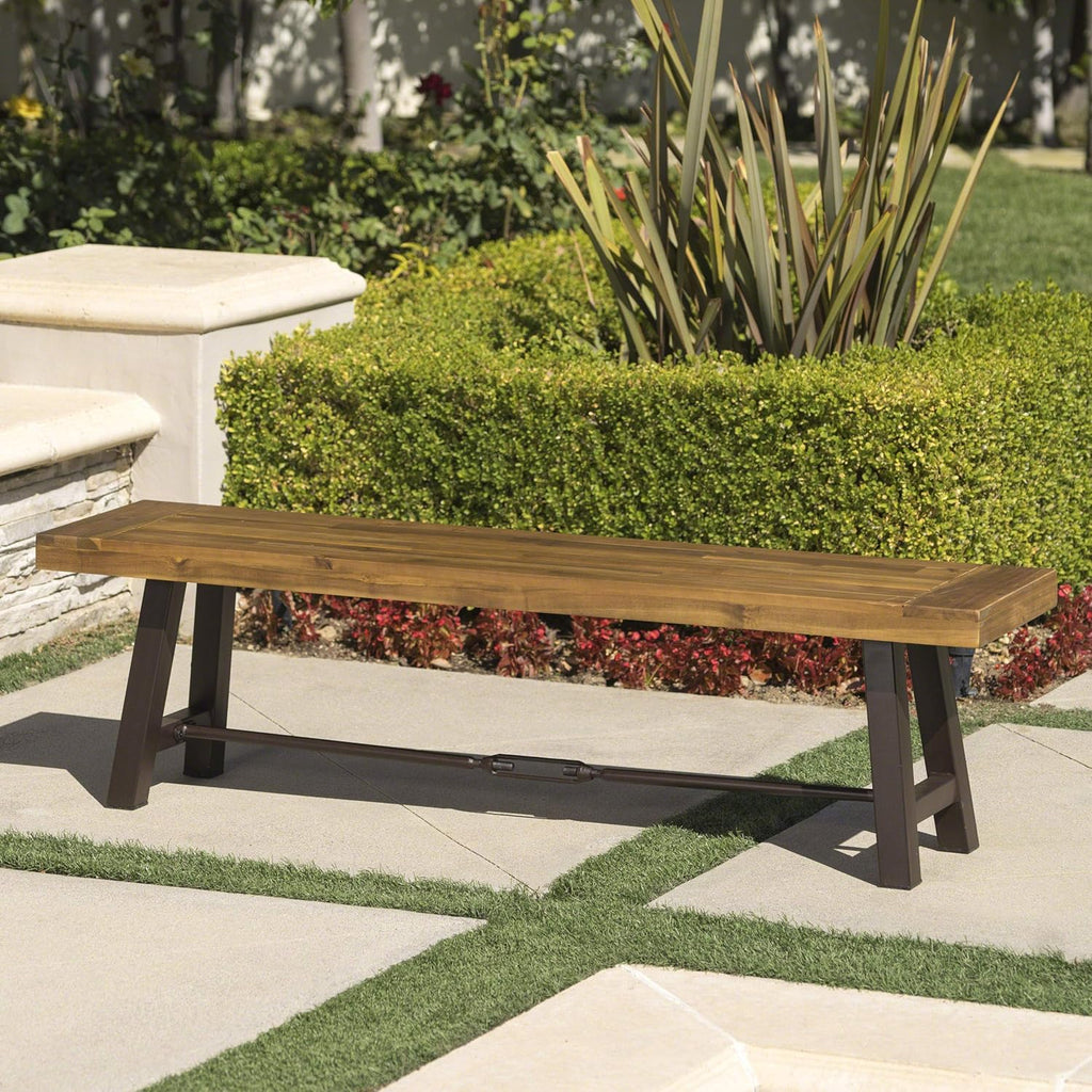 Teak Finish Acacia Wood Bench with Metal Accents Z9119