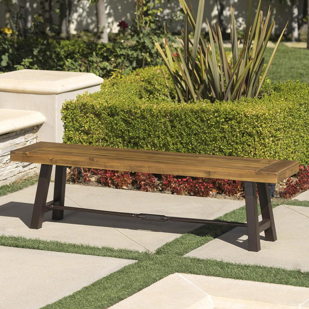Teak Finish Acacia Wood Bench with Metal Accents Z9119