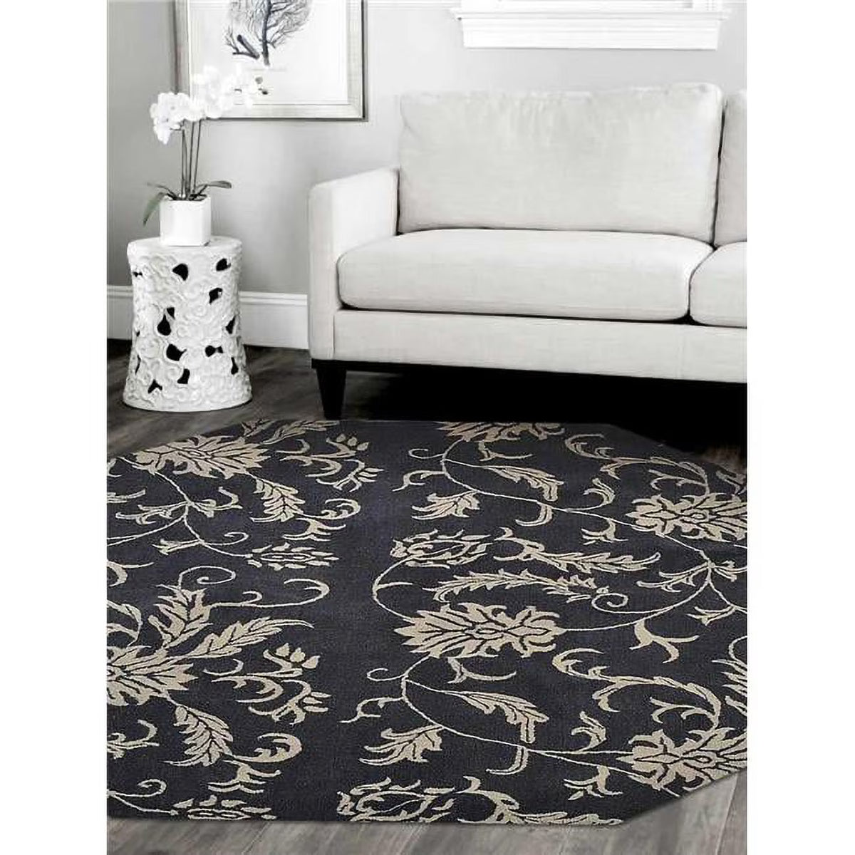Charcoal Beige Hand Tufted Wool Octagon Area Rug W41363