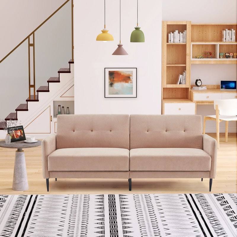 Beige Linen Fabric Folding Futon Sofa Bed with Metal Leg Z3048