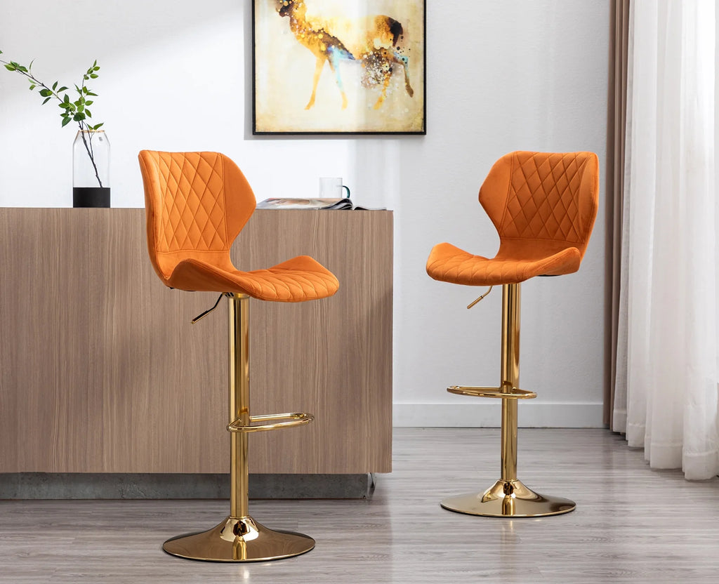Orange Velvet Adjustable Swivel Bar Stools Set of 2 X188