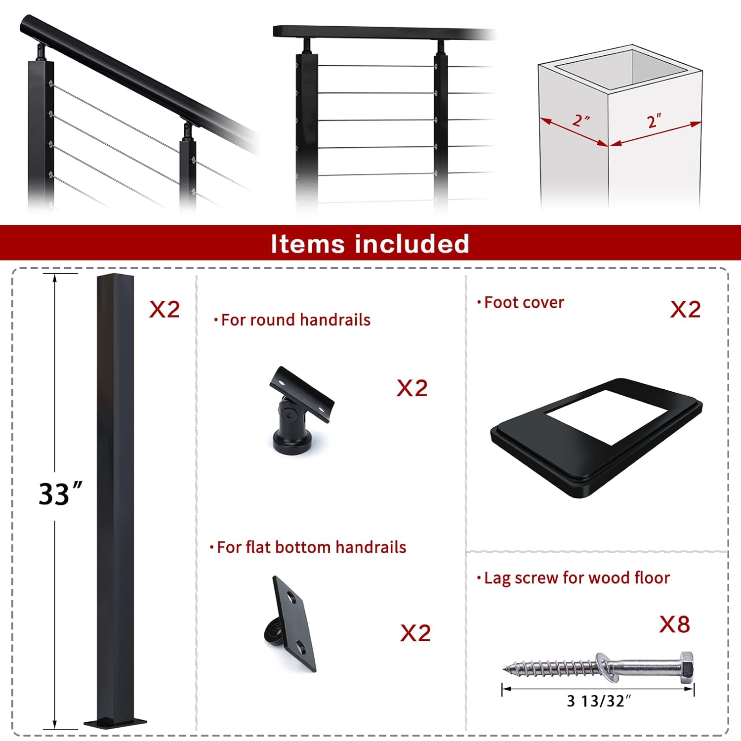 Black Stainless Steel Surface Mount Cable Railing Post 36"x2"x2" 2Pack H37834