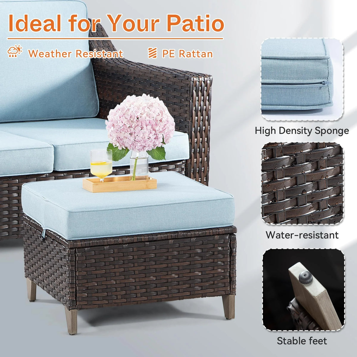 3 Pieces Outdoor Patio Wicker Conversation Set with Cushions, Sky Blue X102223