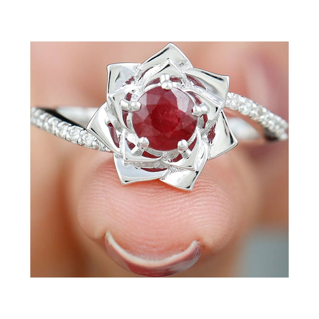 Natural Ruby Rose Floral Ring with Diamond - 1 CT, 925 Sterling Silver, US 4.00 P82186
