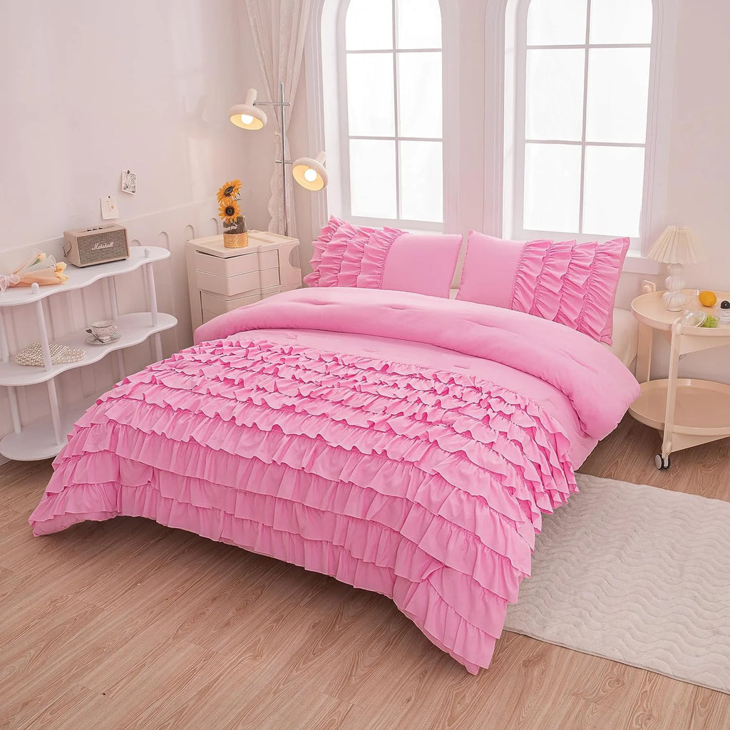 Purple Ruffle 5 Pcs Full Comforter Bedding Set I5443