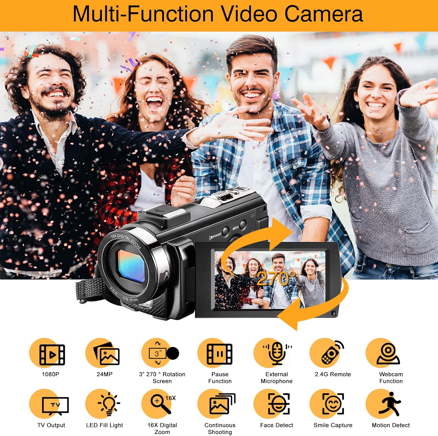 FHD 1080P 30FPS 24MP 3.0 Inch 270° Rotation Screen Video Camera Camcorder with Microphone, Remote Control, 2 Batteries I589