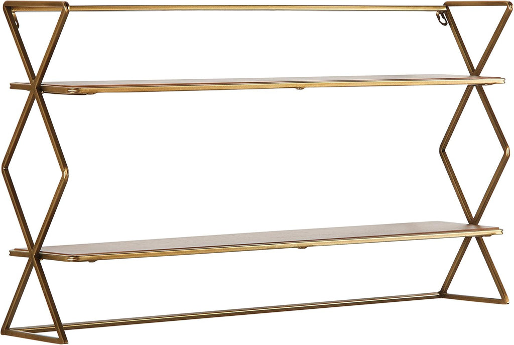 Natural Wood and Gold 2-Tier Floating Bookcase Shelf Unit W780