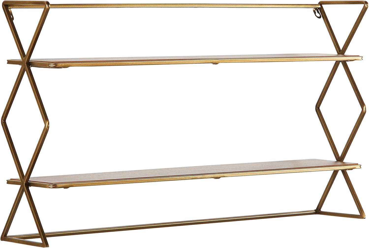Natural Wood and Gold 2-Tier Floating Bookcase Shelf Unit W780