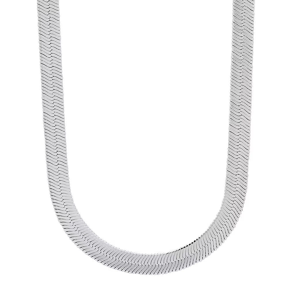 Rhodium Plated Flat Herringbone Chain Necklace, 24 inches J62349