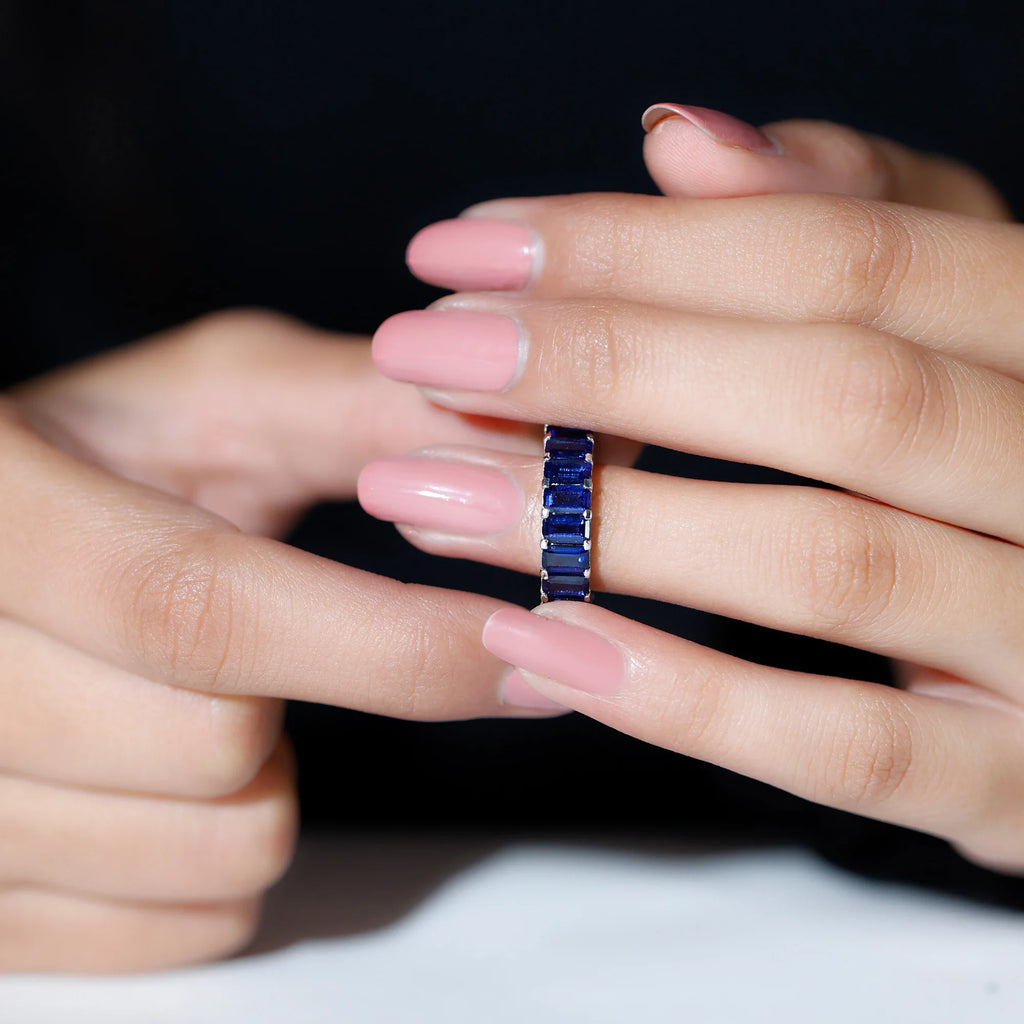 14K White Gold Octagon Cut Blue Sapphire Eternity Ring X7925