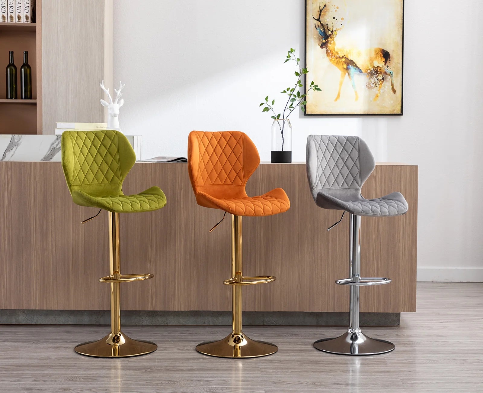 Orange Velvet Adjustable Swivel Bar Stools Set of 2 X188