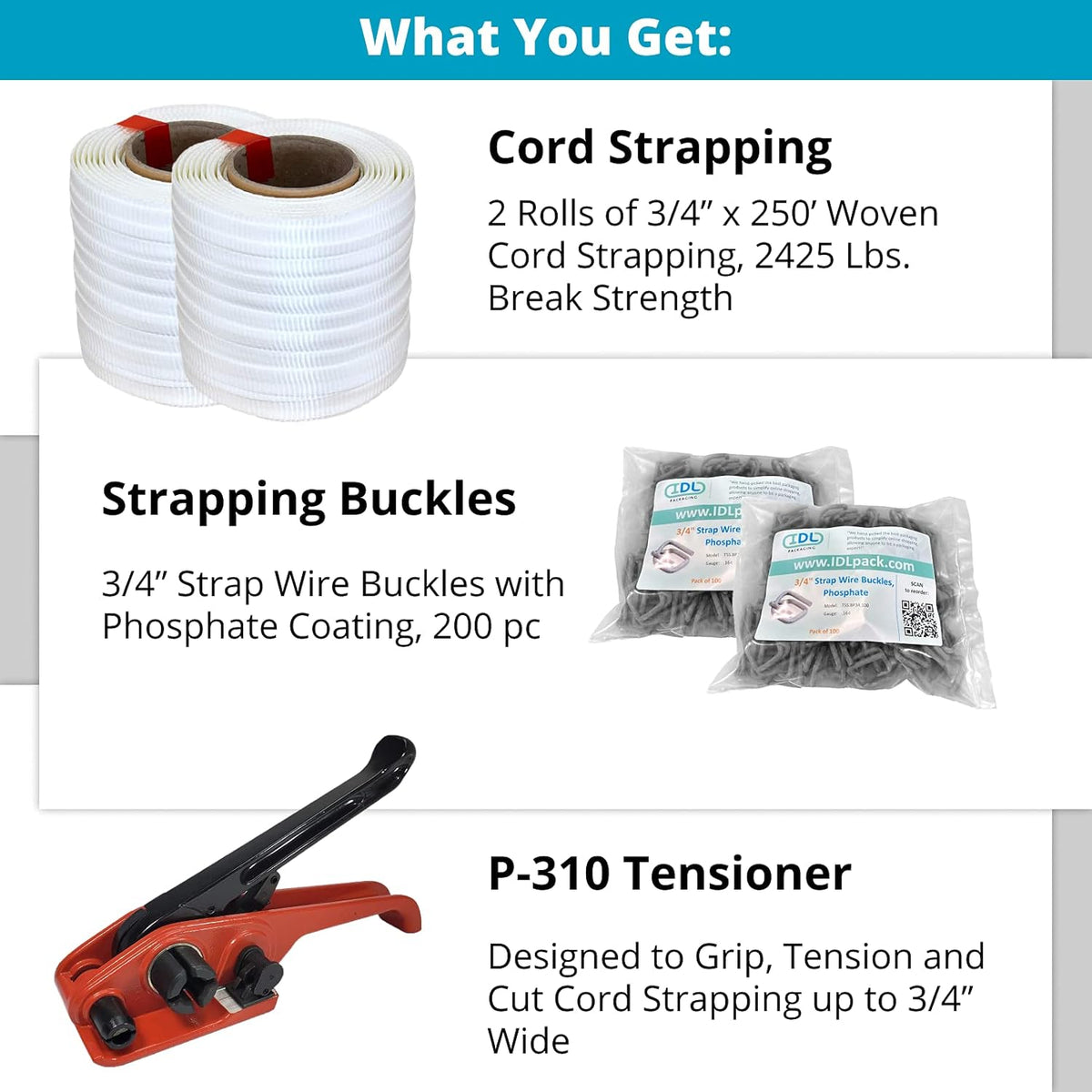 3/4" x 500' Woven Cord Strapping Kit with Tensioner and Buckles R4389