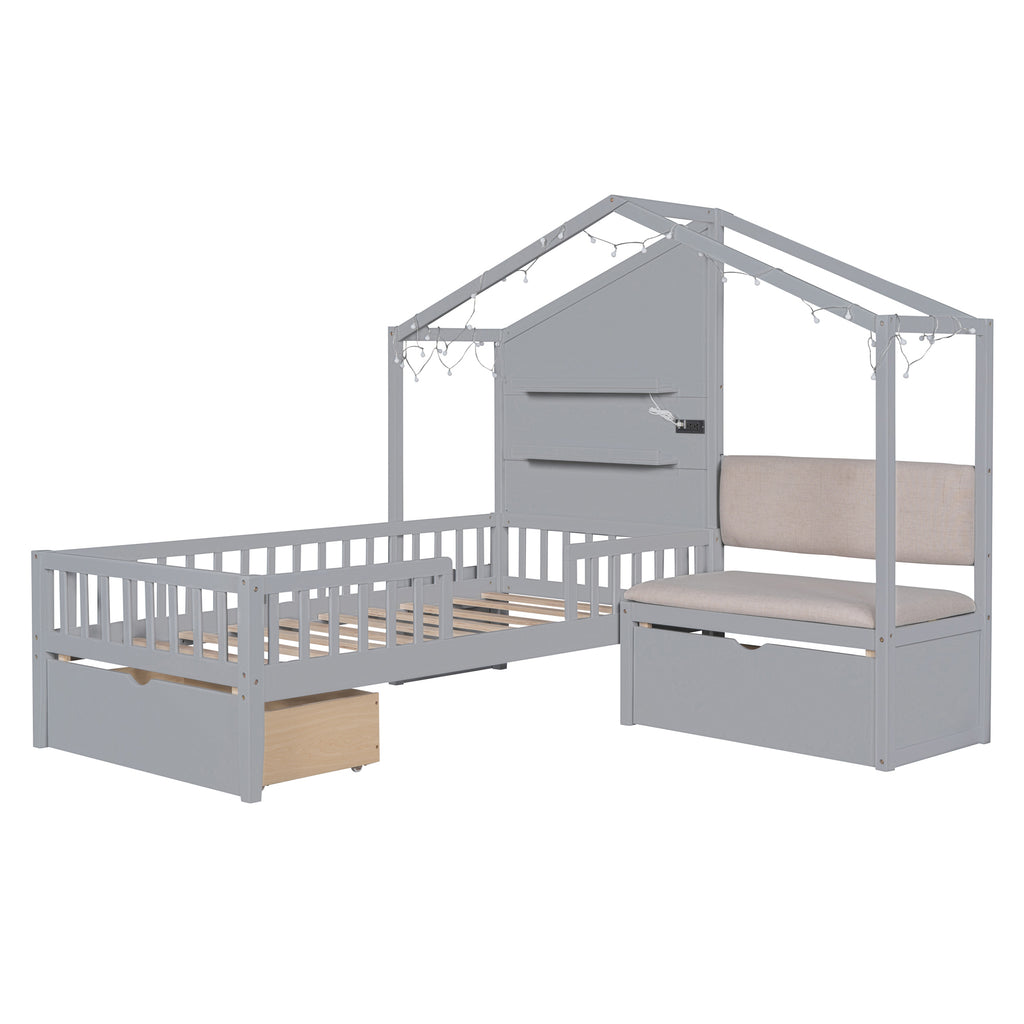 Twin Size House Bed with Upholstered Sofa, Charging Station, Shelves and Two Drawers, Gray E6437