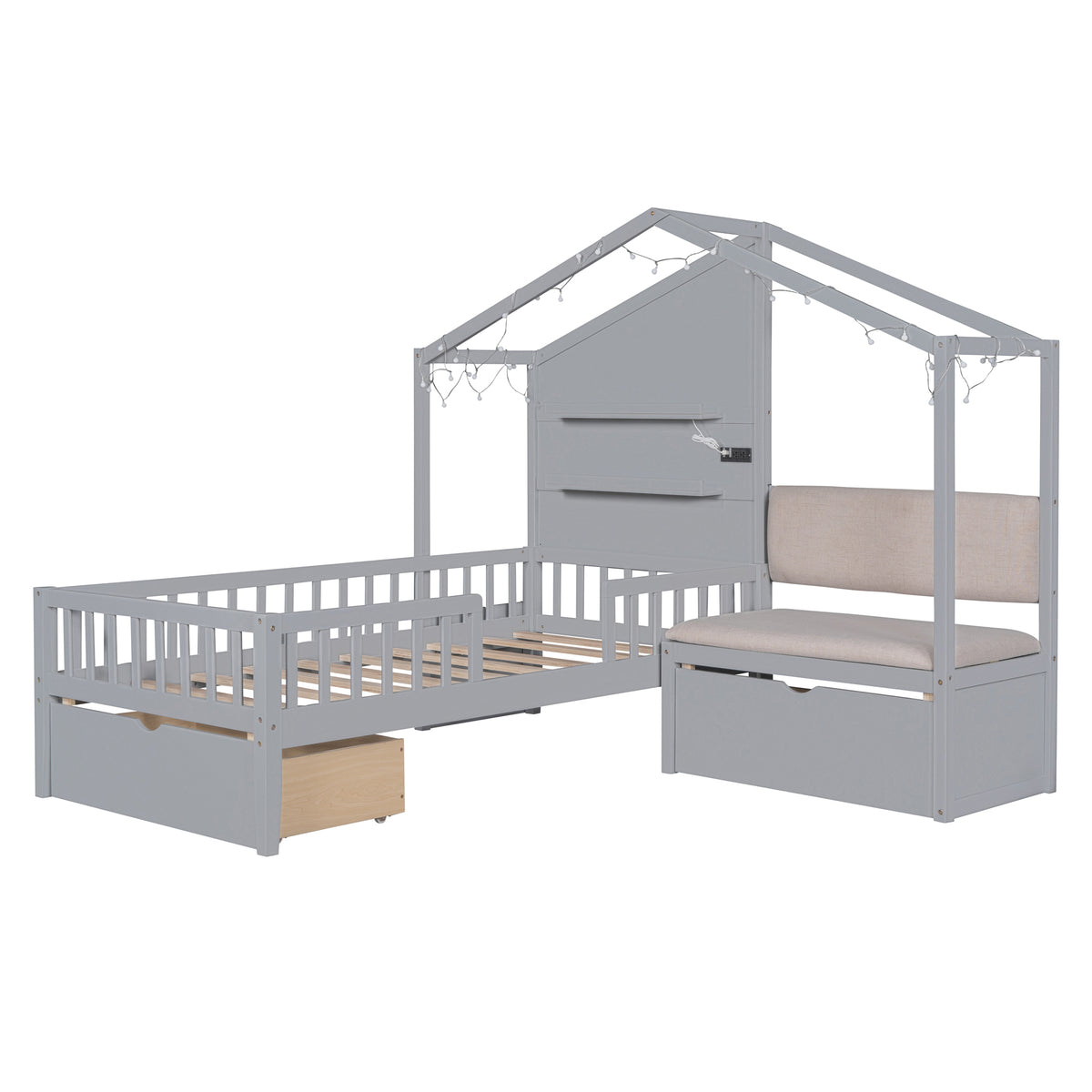 Twin Size House Bed with Upholstered Sofa, Charging Station, Shelves and Two Drawers, Gray E6437