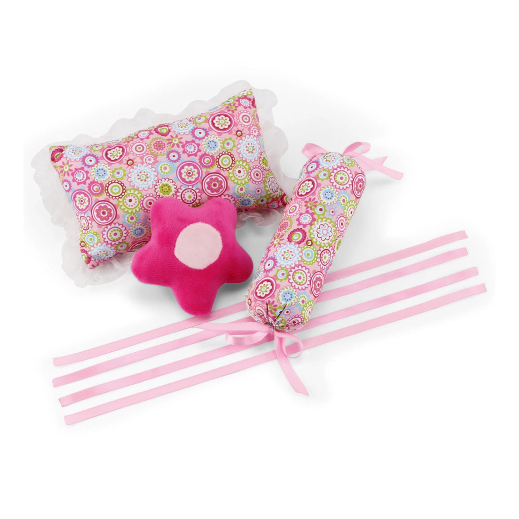 18 Inch Doll Canopy Single Bed with Doll Clothes Storage Drawer and 5 Piece Colorful Bedding Set P452354